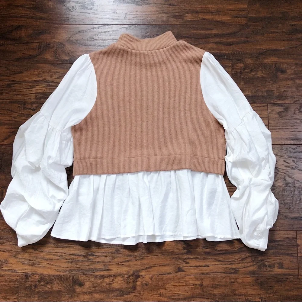 Anthropologie • Ruffled Layered Top tan sweater vest white puff sleeve blouse